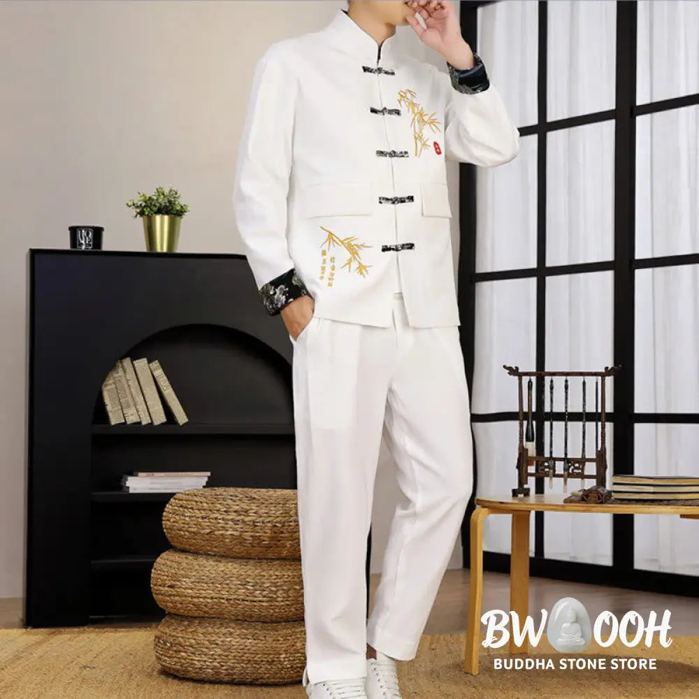 BWOOOH 2Pcs Tang Suit Bamboo Frog-Button Men’s Long Sleeve Shirt Pants Clothing Set - Men’s Meditation Cloth