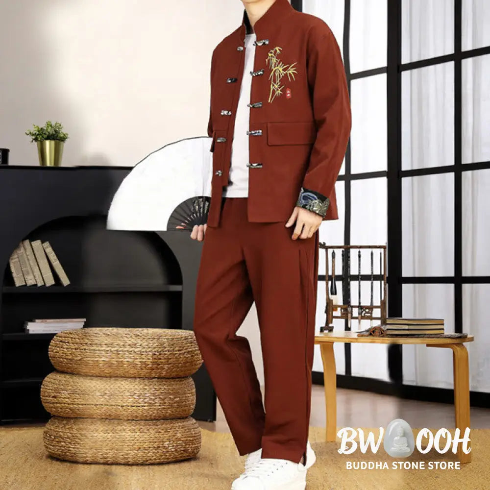 BWOOOH 2Pcs Tang Suit Bamboo Frog-Button Men’s Long Sleeve Shirt Pants Clothing Set - Men’s Meditation Cloth