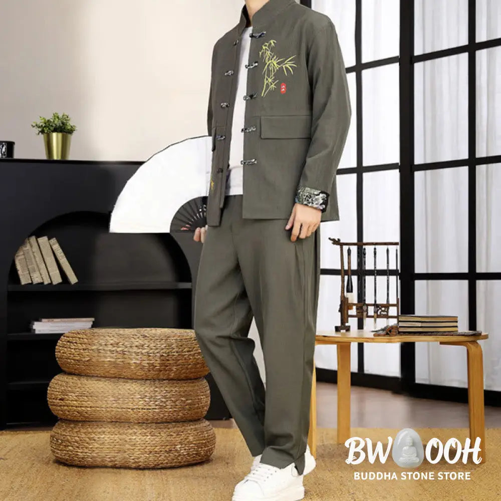 BWOOOH 2Pcs Tang Suit Bamboo Frog-Button Men’s Long Sleeve Shirt Pants Clothing Set - Men’s Meditation Cloth