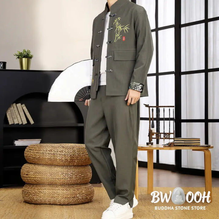 BWOOOH 2Pcs Tang Suit Bamboo Frog-Button Men’s Long Sleeve Shirt Pants Clothing Set - Men’s Meditation Cloth