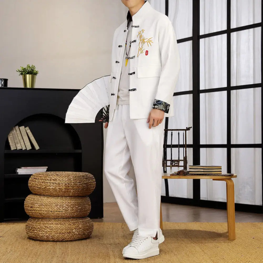 BWOOOH 2Pcs Tang Suit Bamboo Frog-Button Men’s Long Sleeve Shirt Pants Clothing Set - White / US/UK/AU36，EU46 (L)