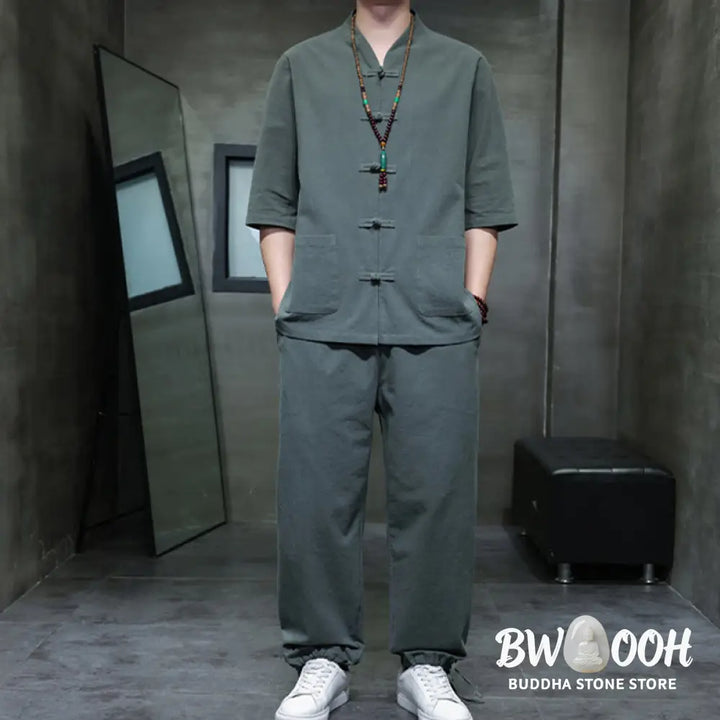 BWOOOH 2Pcs Tang Suit Frog-Button Design Shirt Pants With Pockets Men’s Cotton Linen Meditation Cloth Set - Men’s
