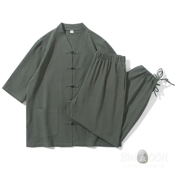 BWOOOH 2Pcs Tang Suit Frog-Button Design Shirt Pants With Pockets Men’s Cotton Linen Meditation Cloth Set - Men’s