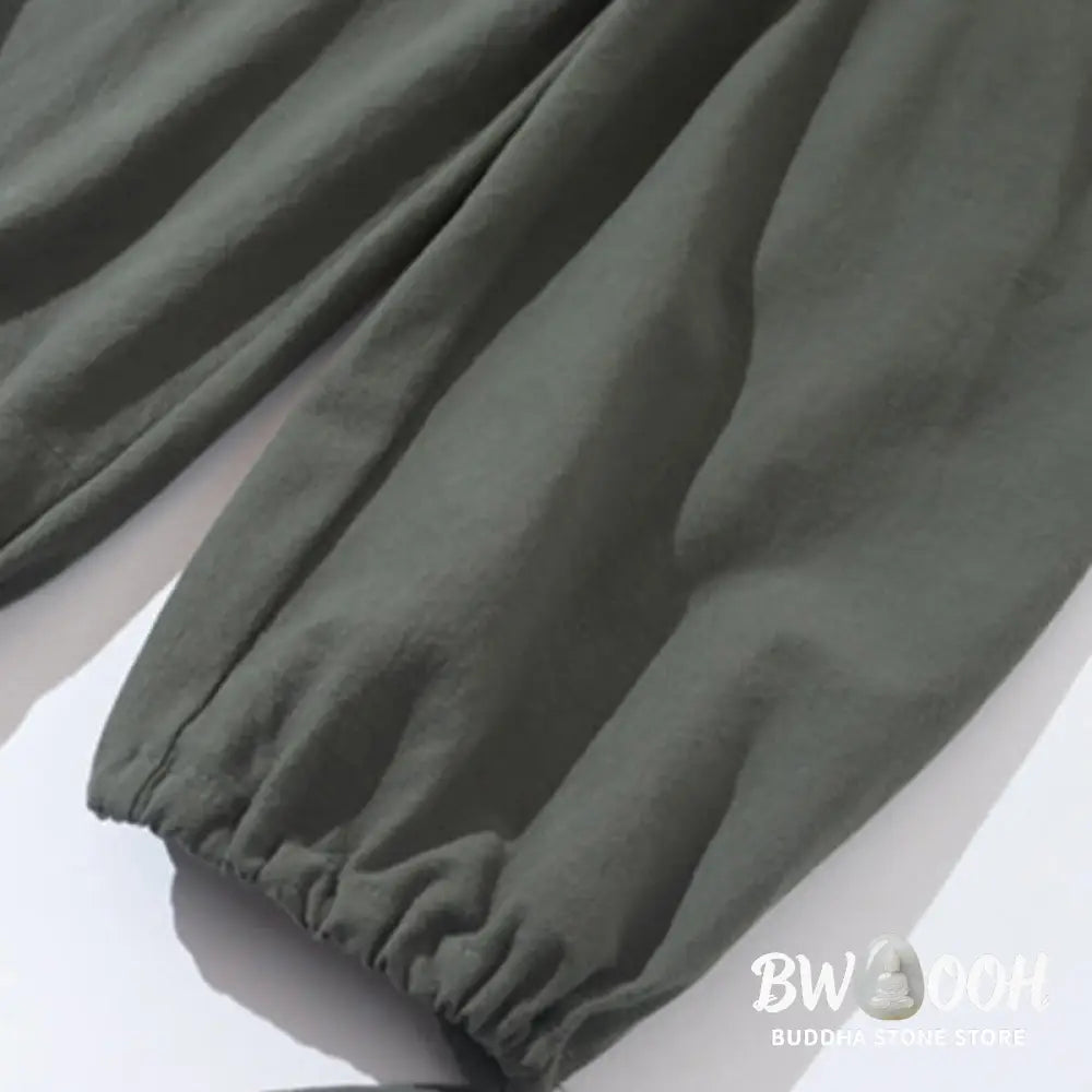 BWOOOH 2Pcs Tang Suit Frog-Button Design Shirt Pants With Pockets Men’s Cotton Linen Meditation Cloth Set - Men’s