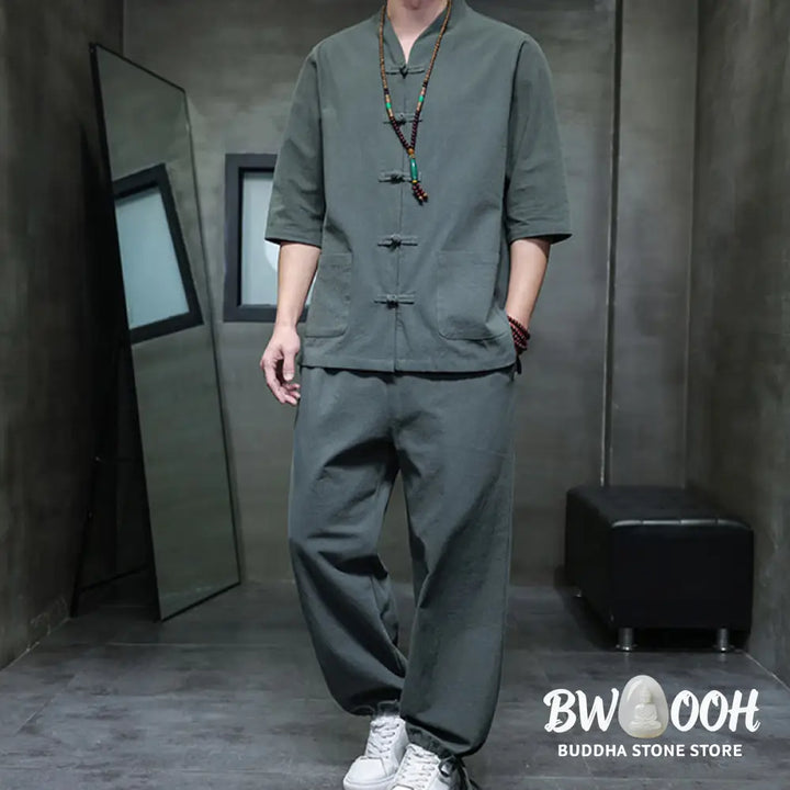 BWOOOH 2Pcs Tang Suit Frog-Button Design Shirt Pants With Pockets Men’s Cotton Linen Meditation Cloth Set - Men’s