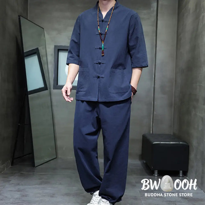 BWOOOH 2Pcs Tang Suit Frog-Button Design Shirt Pants With Pockets Men’s Cotton Linen Meditation Cloth Set - Men’s