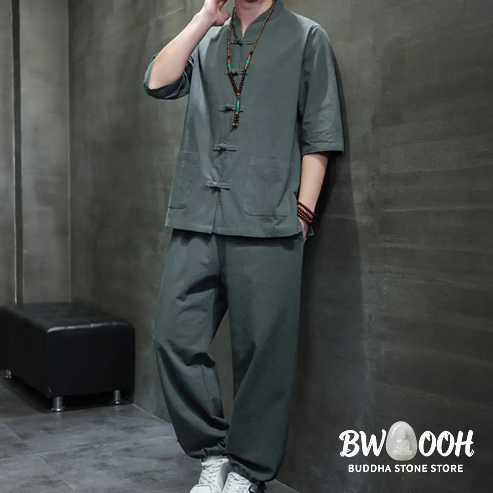 BWOOOH 2Pcs Tang Suit Frog-Button Design Shirt Pants With Pockets Men’s Cotton Linen Meditation Cloth Set - Men’s