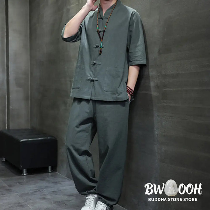 BWOOOH 2Pcs Tang Suit Frog-Button Design Shirt Pants With Pockets Men’s Cotton Linen Meditation Cloth Set - Men’s