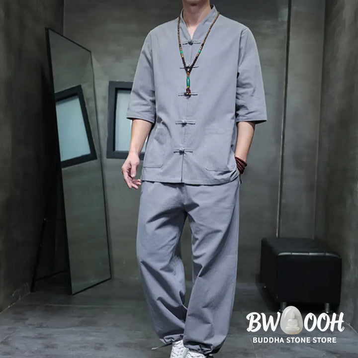BWOOOH 2Pcs Tang Suit Frog-Button Design Shirt Pants With Pockets Men’s Cotton Linen Meditation Cloth Set - Men’s