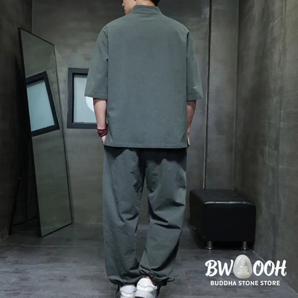 BWOOOH 2Pcs Tang Suit Frog-Button Design Shirt Pants With Pockets Men’s Cotton Linen Meditation Cloth Set - Men’s