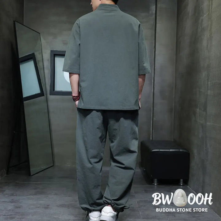 BWOOOH 2Pcs Tang Suit Frog-Button Design Shirt Pants With Pockets Men’s Cotton Linen Meditation Cloth Set - Men’s