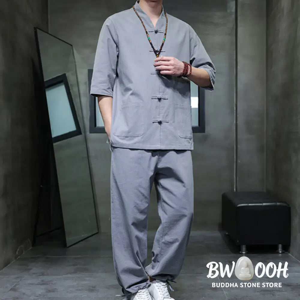 BWOOOH 2Pcs Tang Suit Frog-Button Design Shirt Pants With Pockets Men’s Cotton Linen Meditation Cloth Set - Men’s