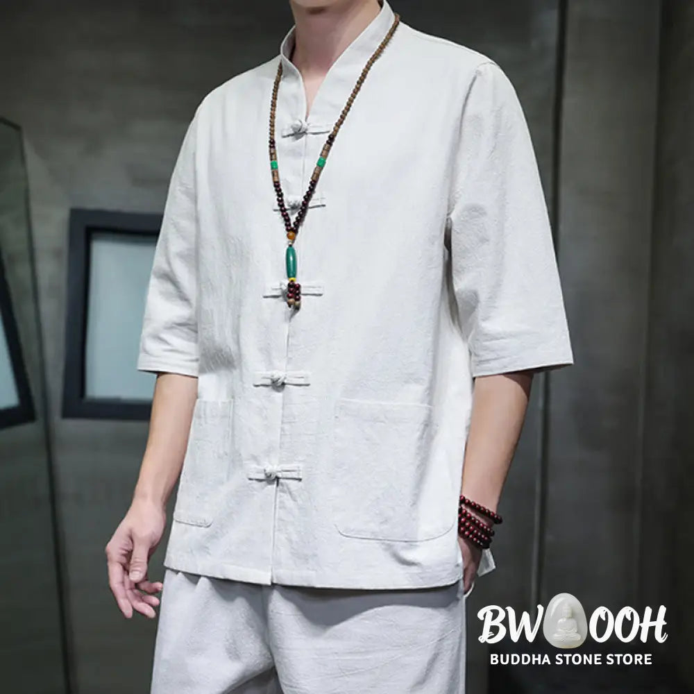 BWOOOH 2Pcs Tang Suit Frog-Button Design Shirt Pants With Pockets Men’s Cotton Linen Meditation Cloth Set - Men’s