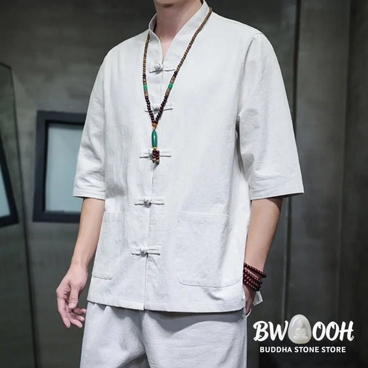 BWOOOH 2Pcs Tang Suit Frog-Button Design Shirt Pants With Pockets Men’s Cotton Linen Meditation Cloth Set - Men’s