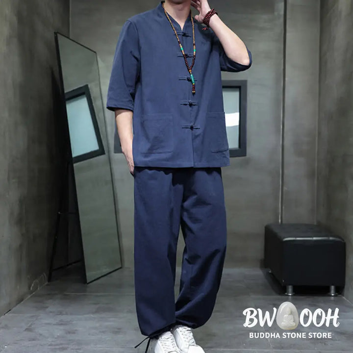 BWOOOH 2Pcs Tang Suit Frog-Button Design Shirt Pants With Pockets Men’s Cotton Linen Meditation Cloth Set - Men’s