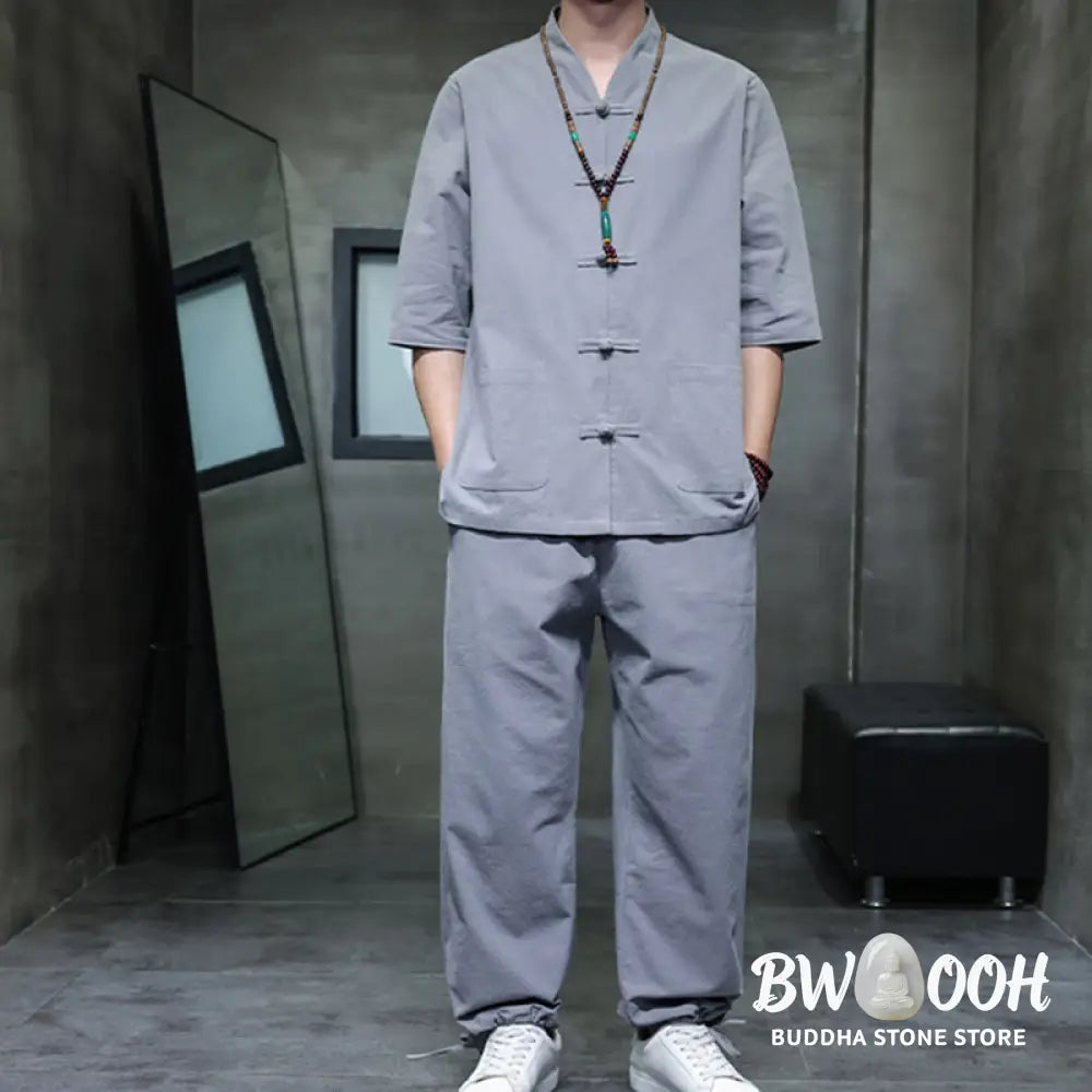 BWOOOH 2Pcs Tang Suit Frog-Button Design Shirt Pants With Pockets Men’s Cotton Linen Meditation Cloth Set - Men’s