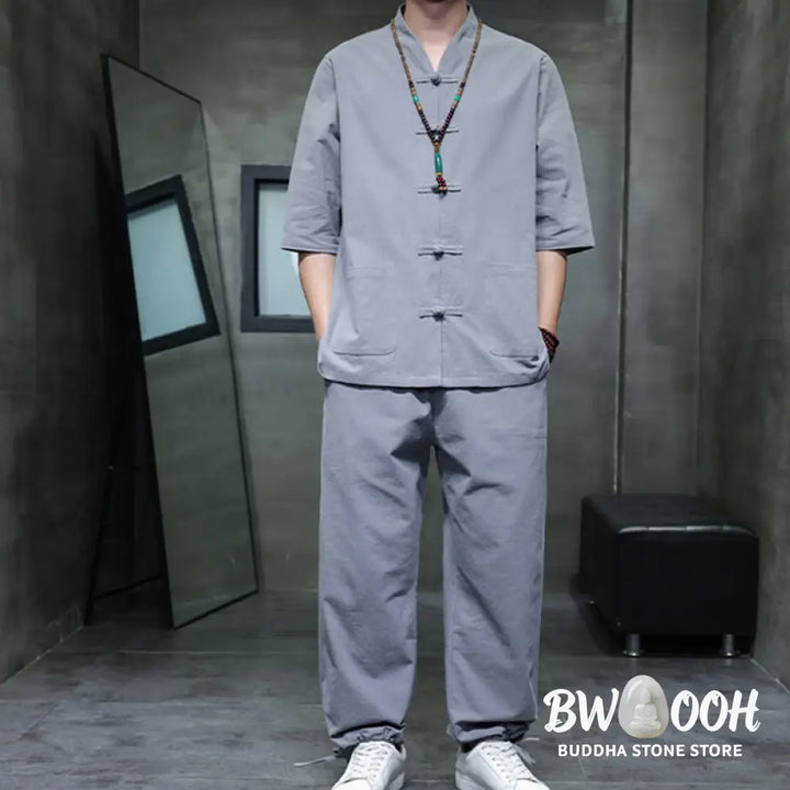 BWOOOH 2Pcs Tang Suit Frog-Button Design Shirt Pants With Pockets Men’s Cotton Linen Meditation Cloth Set - Men’s