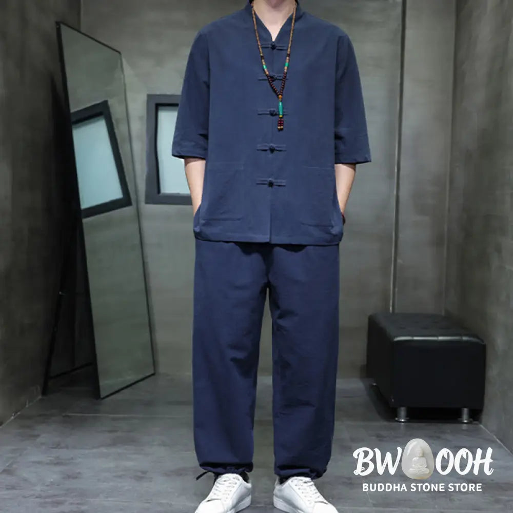 BWOOOH 2Pcs Tang Suit Frog-Button Design Shirt Pants With Pockets Men’s Cotton Linen Meditation Cloth Set - Men’s