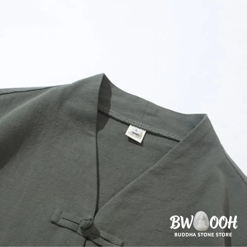 BWOOOH 2Pcs Tang Suit Frog-Button Design Shirt Pants With Pockets Men’s Cotton Linen Meditation Cloth Set - Men’s