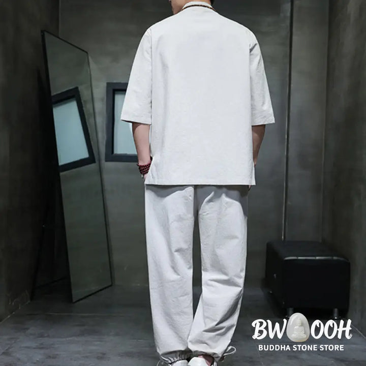 BWOOOH 2Pcs Tang Suit Frog-Button Design Shirt Pants With Pockets Men’s Cotton Linen Meditation Cloth Set - Men’s