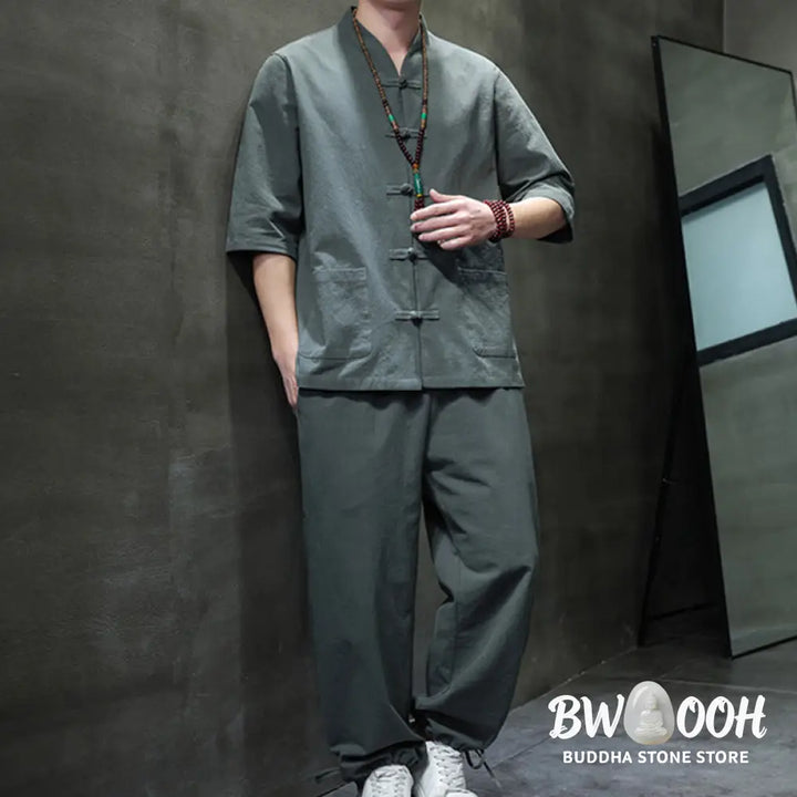 BWOOOH 2Pcs Tang Suit Frog-Button Design Shirt Pants With Pockets Men’s Cotton Linen Meditation Cloth Set - Men’s