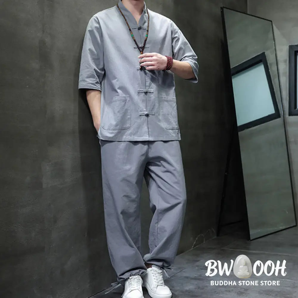BWOOOH 2Pcs Tang Suit Frog-Button Design Shirt Pants With Pockets Men’s Cotton Linen Meditation Cloth Set - Men’s