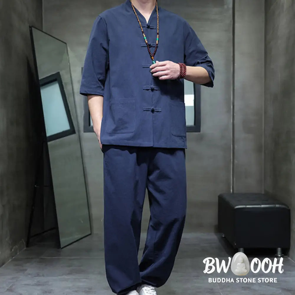 BWOOOH 2Pcs Tang Suit Frog-Button Design Shirt Pants With Pockets Men’s Cotton Linen Meditation Cloth Set - Men’s
