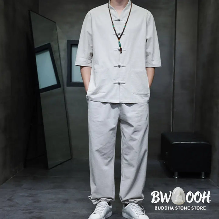 BWOOOH 2Pcs Tang Suit Frog-Button Design Shirt Pants With Pockets Men’s Cotton Linen Meditation Cloth Set - Men’s