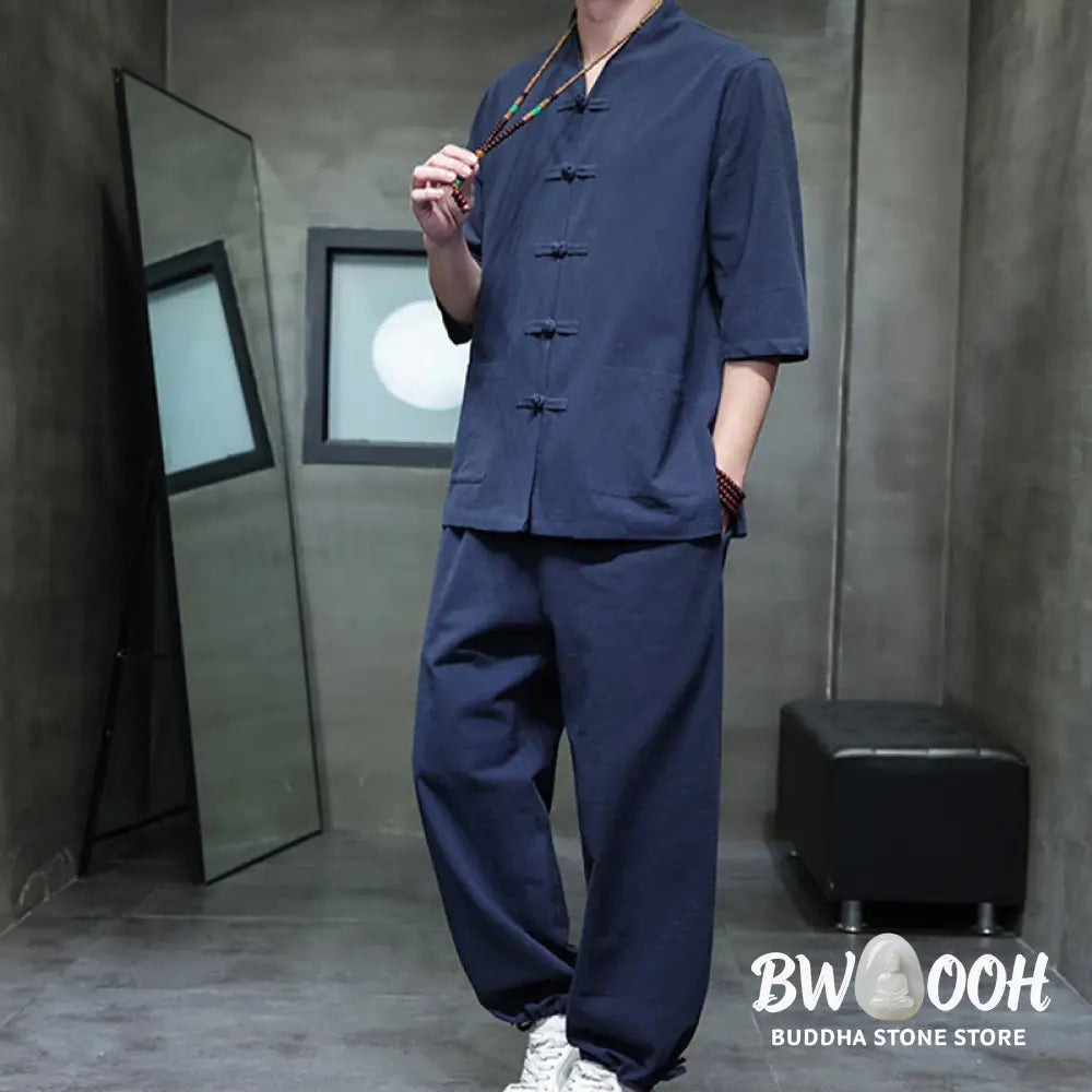 BWOOOH 2Pcs Tang Suit Frog-Button Design Shirt Pants With Pockets Men’s Cotton Linen Meditation Cloth Set - Men’s