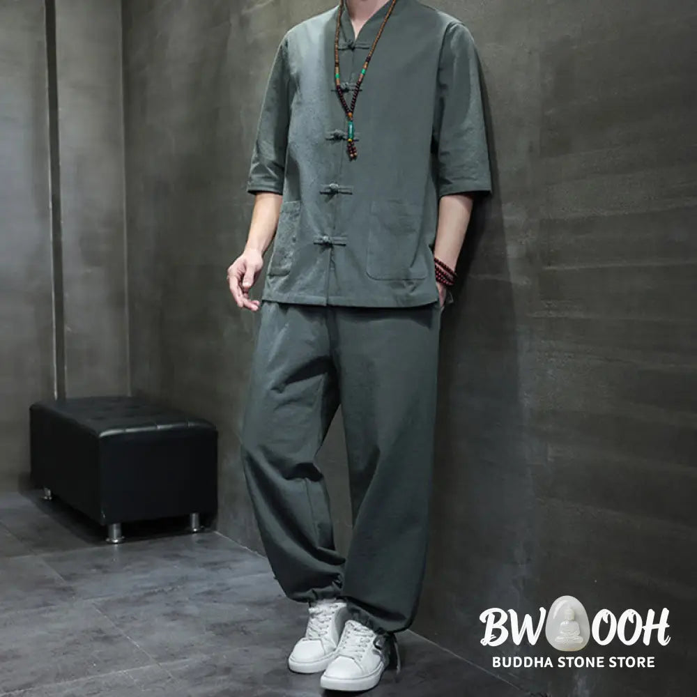 BWOOOH 2Pcs Tang Suit Frog-Button Design Shirt Pants With Pockets Men’s Cotton Linen Meditation Cloth Set - Men’s