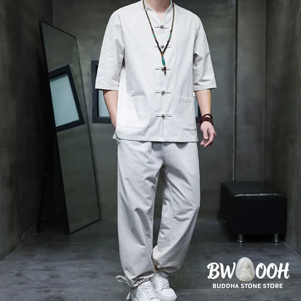 BWOOOH 2Pcs Tang Suit Frog-Button Design Shirt Pants With Pockets Men’s Cotton Linen Meditation Cloth Set - Men’s