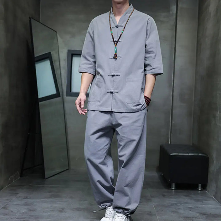 BWOOOH 2Pcs Tang Suit Frog-Button Design Shirt Pants With Pockets Men’s Cotton Linen Meditation Cloth Set - Gray
