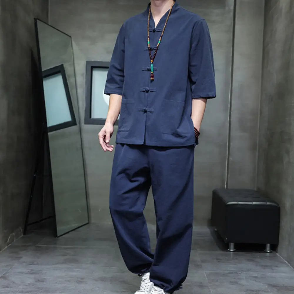 BWOOOH 2Pcs Tang Suit Frog-Button Design Shirt Pants With Pockets Men’s Cotton Linen Meditation Cloth Set - SteelBlue