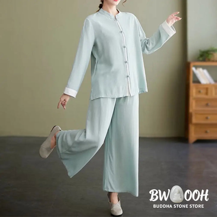 BWOOOH 2Pcs Tang Suit Long Sleeve Shirt Top Pants Meditation Zen Tai Chi Cotton Linen Clothing Women’s Set - Women’s