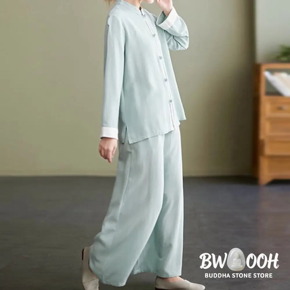 BWOOOH 2Pcs Tang Suit Long Sleeve Shirt Top Pants Meditation Zen Tai Chi Cotton Linen Clothing Women’s Set - Women’s