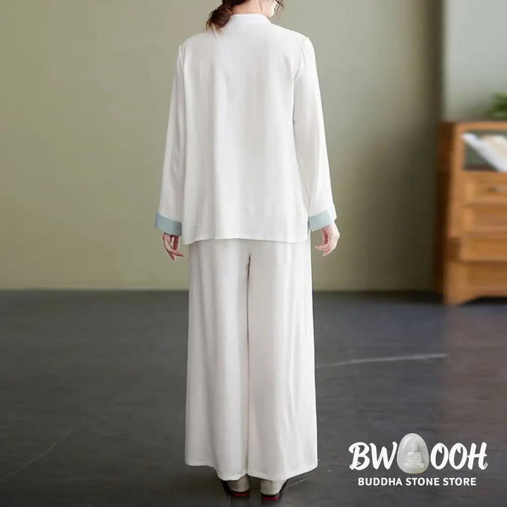 BWOOOH 2Pcs Tang Suit Long Sleeve Shirt Top Pants Meditation Zen Tai Chi Cotton Linen Clothing Women’s Set - Women’s