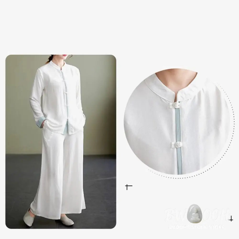 BWOOOH 2Pcs Tang Suit Long Sleeve Shirt Top Pants Meditation Zen Tai Chi Cotton Linen Clothing Women’s Set - Women’s