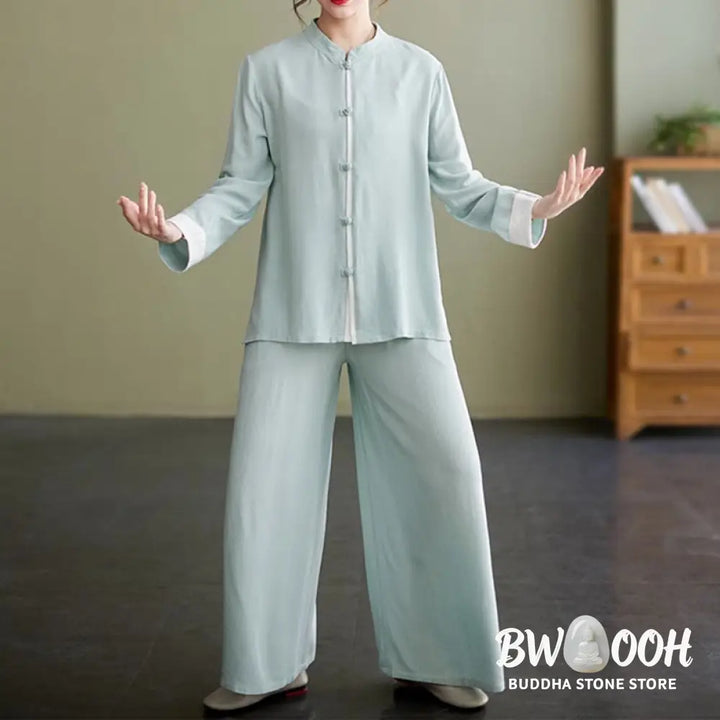 BWOOOH 2Pcs Tang Suit Long Sleeve Shirt Top Pants Meditation Zen Tai Chi Cotton Linen Clothing Women’s Set - Women’s