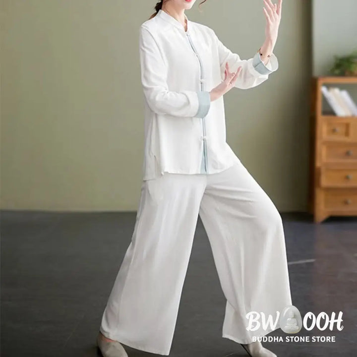 BWOOOH 2Pcs Tang Suit Long Sleeve Shirt Top Pants Meditation Zen Tai Chi Cotton Linen Clothing Women’s Set - Women’s