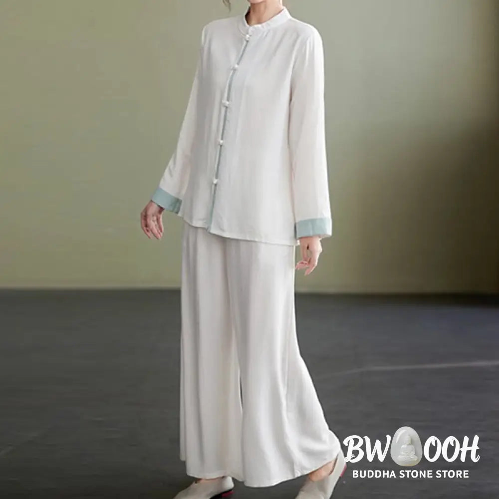 BWOOOH 2Pcs Tang Suit Long Sleeve Shirt Top Pants Meditation Zen Tai Chi Cotton Linen Clothing Women’s Set - Women’s