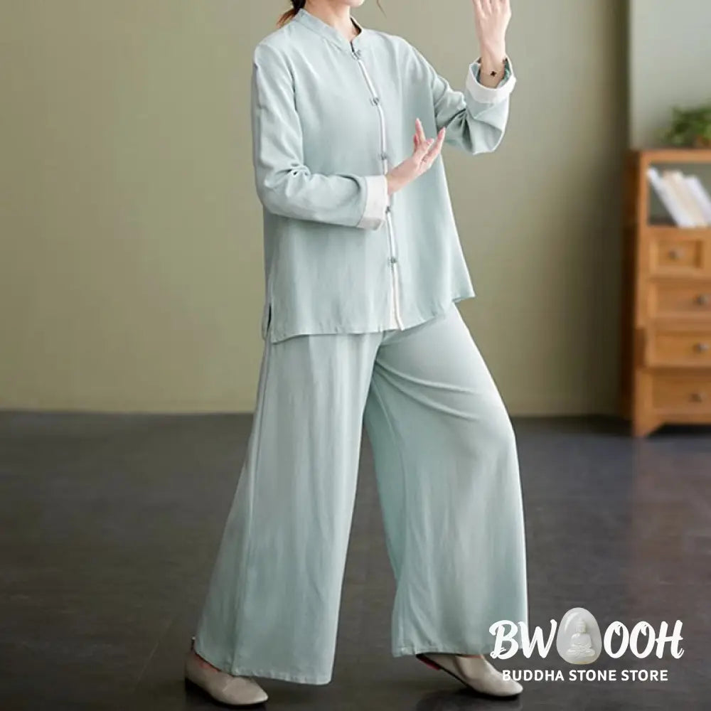 BWOOOH 2Pcs Tang Suit Long Sleeve Shirt Top Pants Meditation Zen Tai Chi Cotton Linen Clothing Women’s Set - Women’s