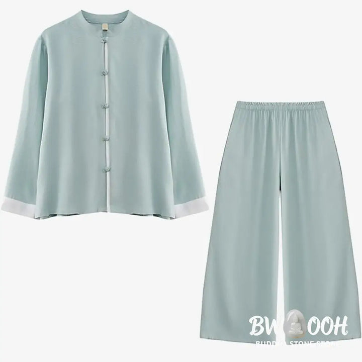 BWOOOH 2Pcs Tang Suit Long Sleeve Shirt Top Pants Meditation Zen Tai Chi Cotton Linen Clothing Women’s Set - Women’s