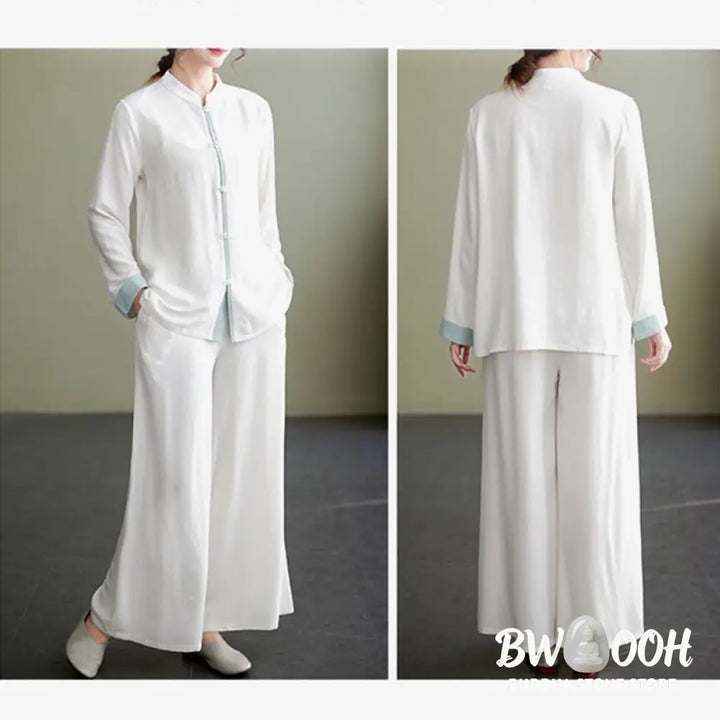 BWOOOH 2Pcs Tang Suit Long Sleeve Shirt Top Pants Meditation Zen Tai Chi Cotton Linen Clothing Women’s Set - Women’s