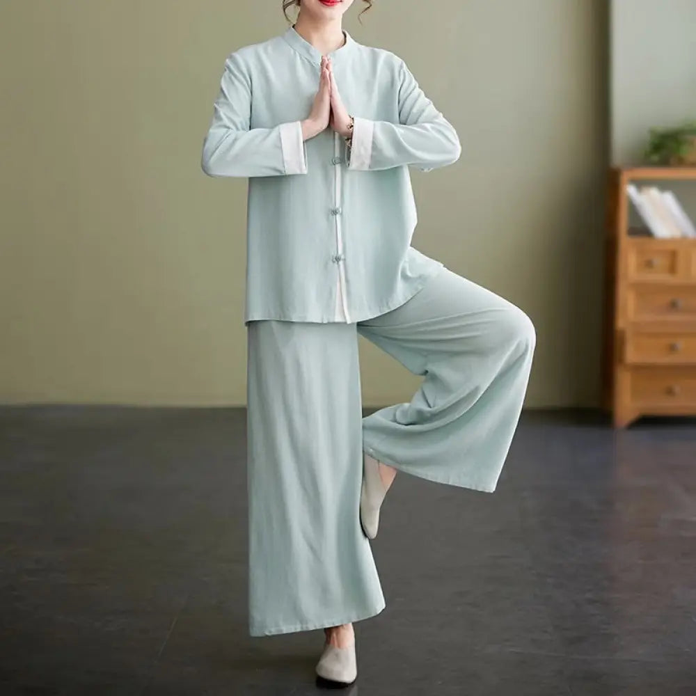BWOOOH 2Pcs Tang Suit Long Sleeve Shirt Top Pants Meditation Zen Tai Chi Cotton Linen Clothing Women’s Set