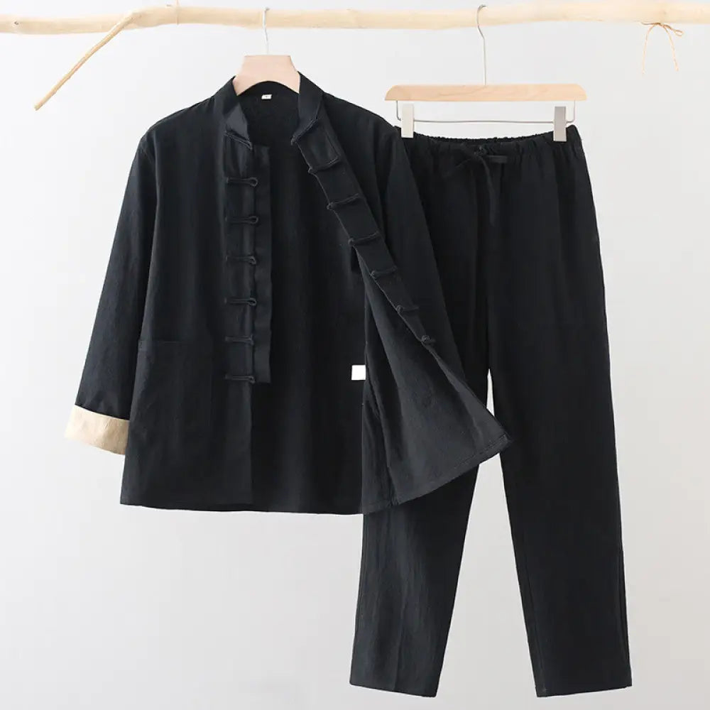 BWOOOH 2Pcs Tang Suit Men’s Frog-Button Cotton Long Sleeve Shirt Pants Set With Pockets - Black / US/UK/AU36，EU46 (L)