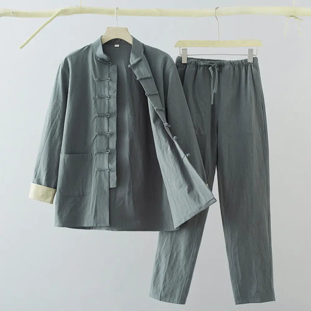 BWOOOH 2Pcs Tang Suit Men’s Frog-Button Cotton Long Sleeve Shirt Pants Set With Pockets - CadetBlue / US/UK/AU36，EU46