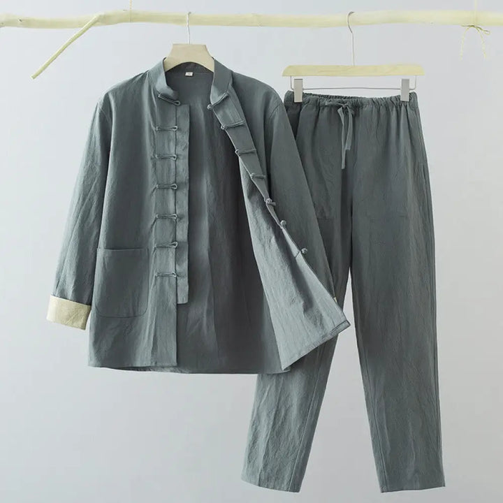 BWOOOH 2Pcs Tang Suit Men’s Frog-Button Cotton Long Sleeve Shirt Pants Set With Pockets - CadetBlue / US/UK/AU36，EU46