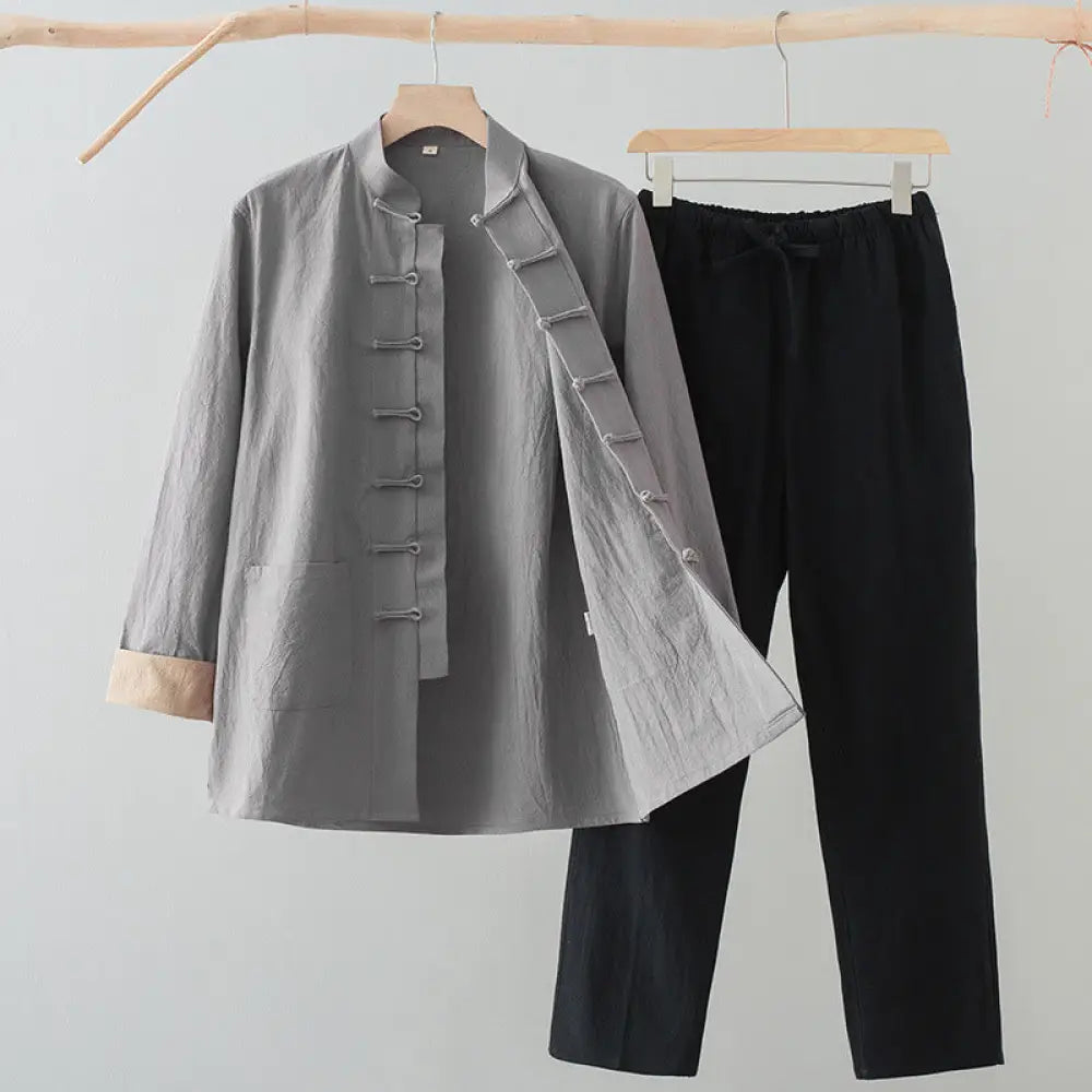 BWOOOH 2Pcs Tang Suit Men’s Frog-Button Cotton Long Sleeve Shirt Pants Set With Pockets - LightGrey Shirt + Black Pants