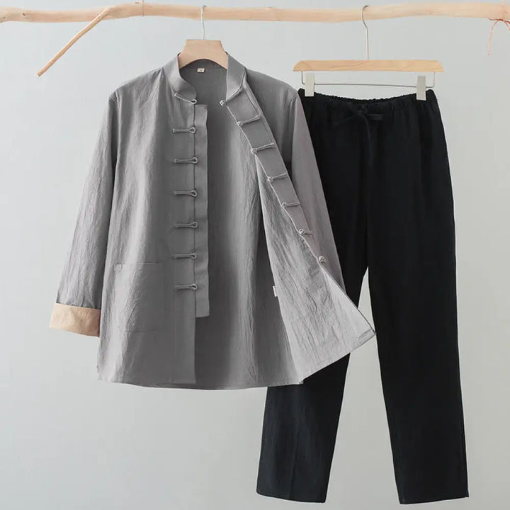 BWOOOH 2Pcs Tang Suit Men’s Frog-Button Cotton Long Sleeve Shirt Pants Set With Pockets - LightGrey Shirt + Black Pants