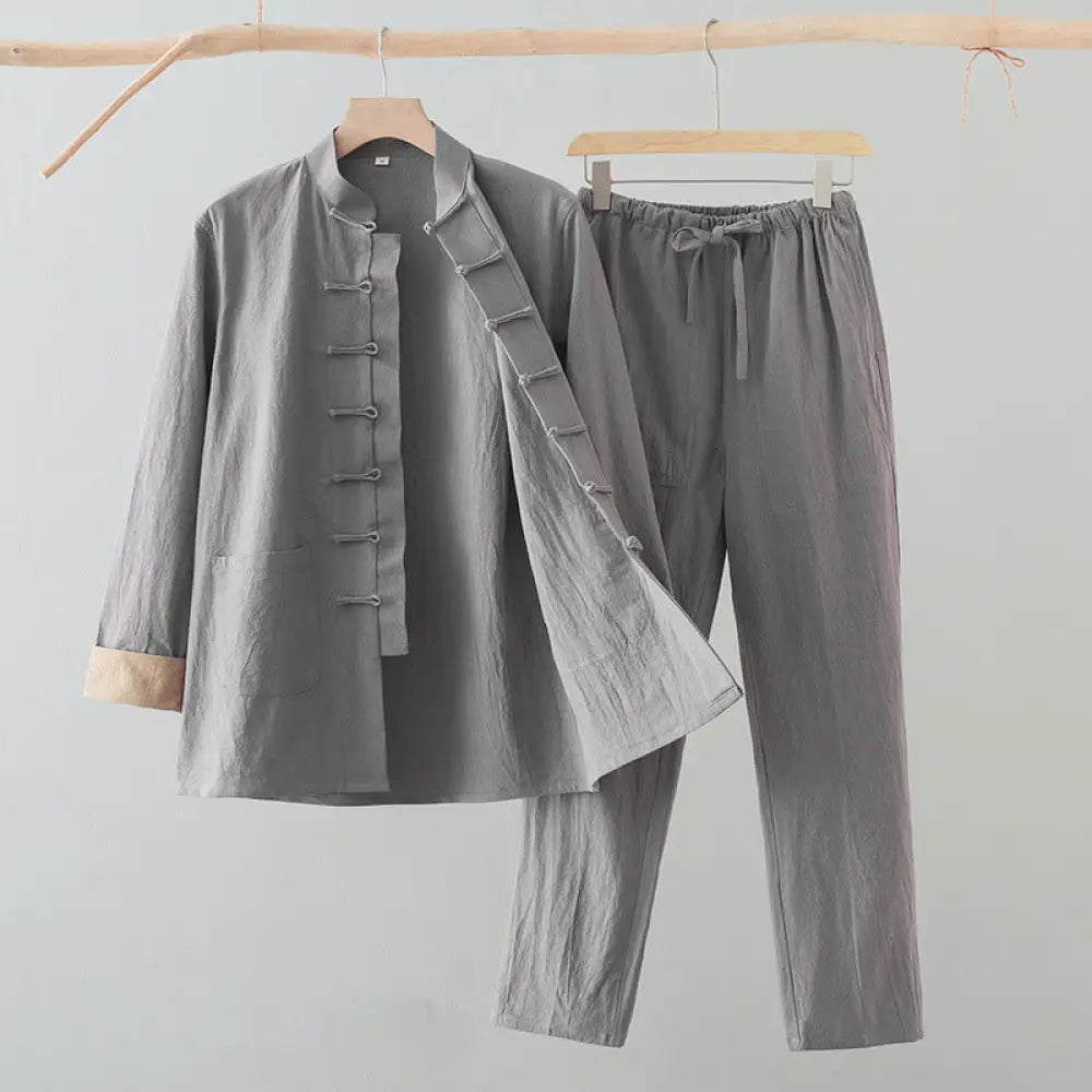 BWOOOH 2Pcs Tang Suit Men’s Frog-Button Cotton Long Sleeve Shirt Pants Set With Pockets - LightGrey / US/UK/AU36，EU46